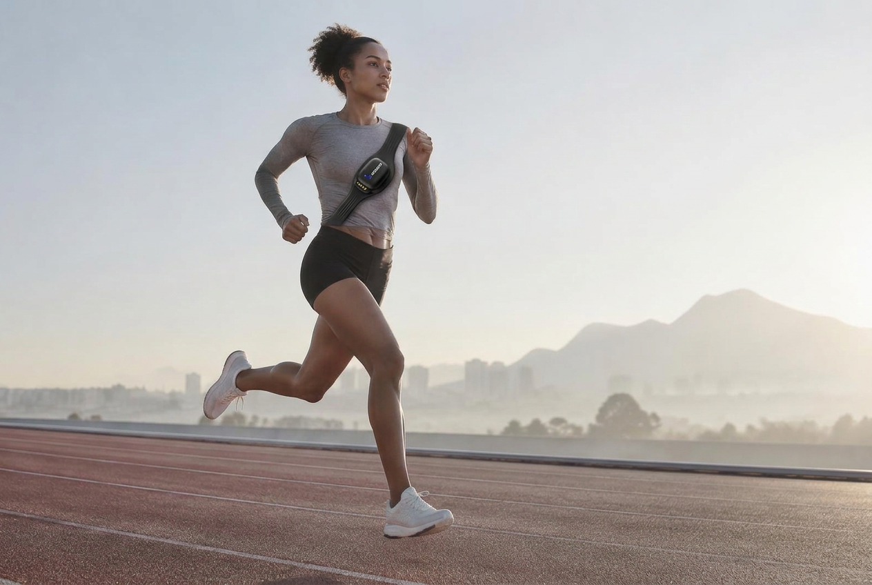 Athlete running on a track wearing the Exera chest band